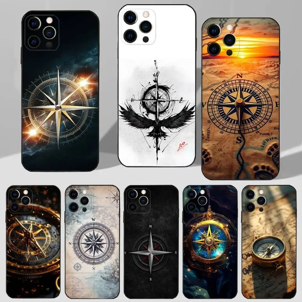 

Geography Art Compass Phone Case For iPhone 16,15,14,13,12,11 Plus,Pro Max,XS,X,XR,SE,Mini,8,7 Soft Silicone Black Cover