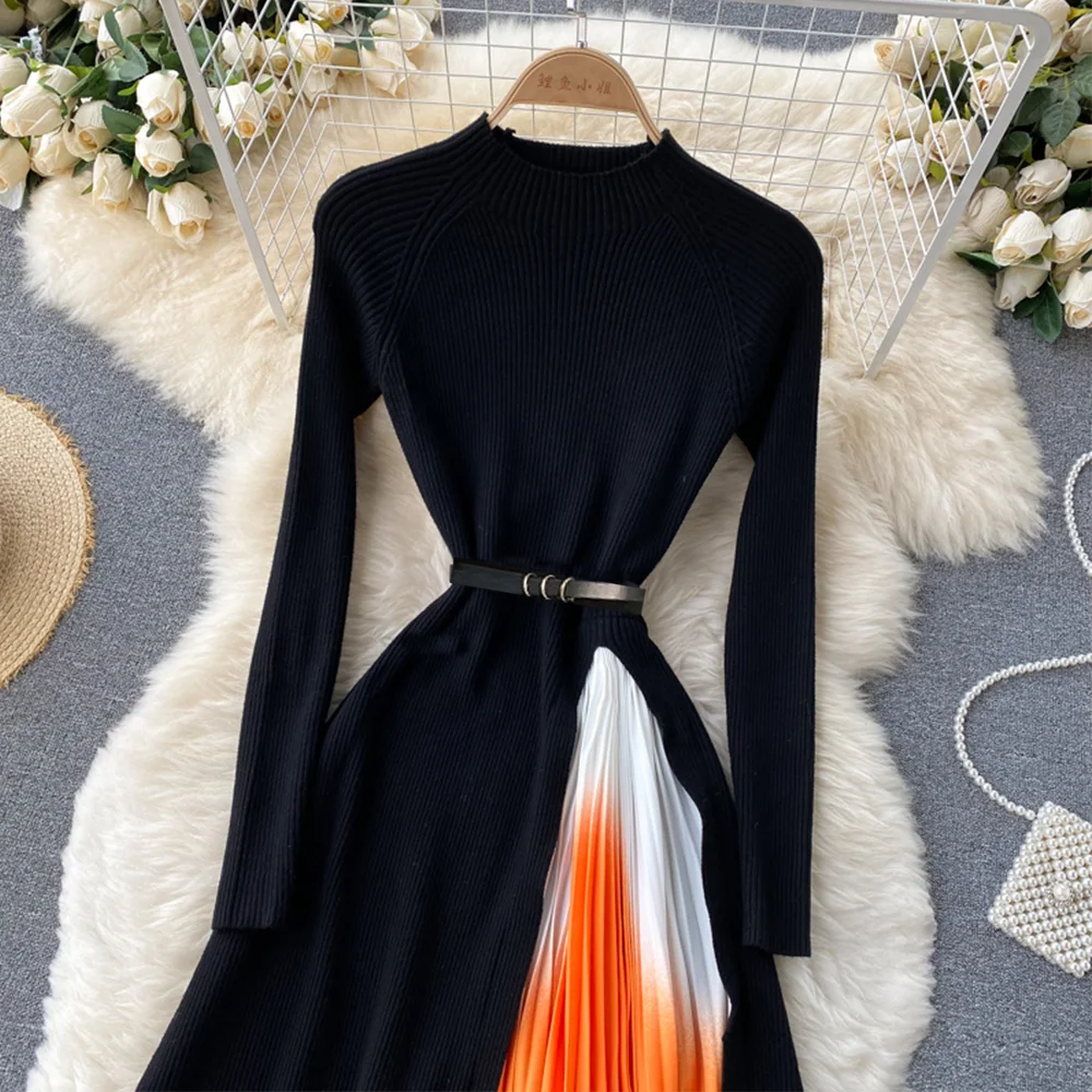 Banulin Autumn Winter Retro Print Pleated Dress Women Elegant Knitted  Gradient Patchwork Long Sleeve OL Midi Dress with Belt - AliExpress  200000345