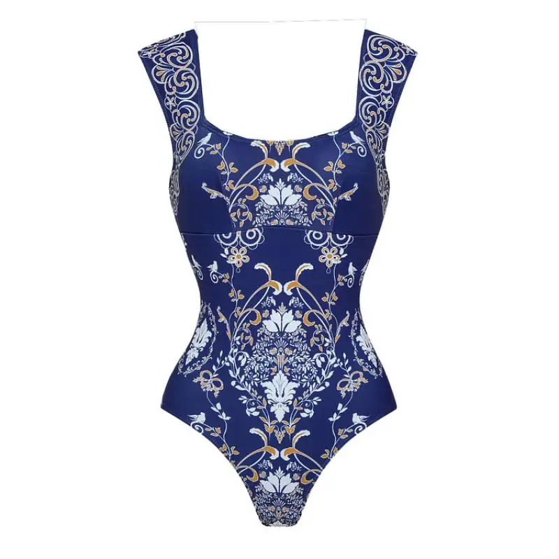 Femmes une pièce maillot de bain et jupe Flaxmaker Vintage bleu Royal Baroque imprimé maillots de bain ensembles dames été maillots de bain
