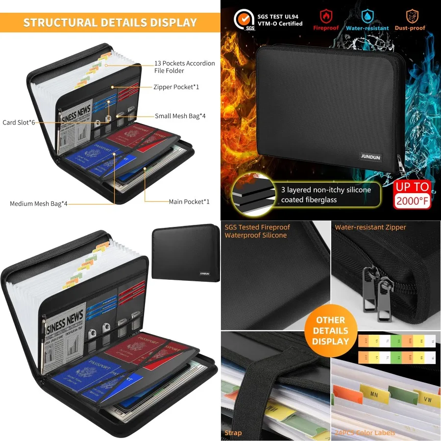 

Органайзер для файлов-аккордеона JUNDUN — огнестойкая папка-аккордеон с этикетками на молнии — 13-карманная расширяющаяся папка для файлов с несколькими полиуретанами