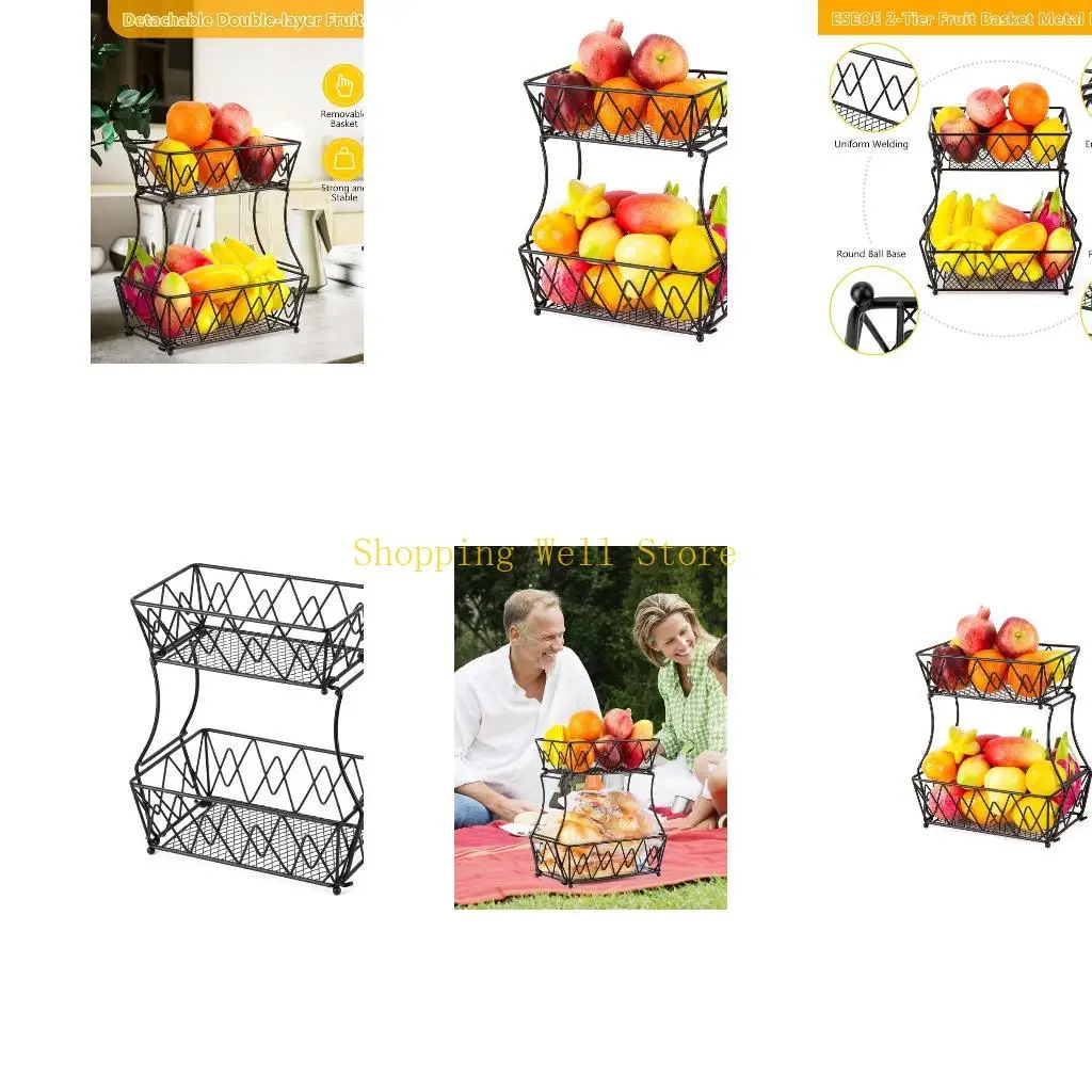 KX4B 2 Tier Metal Fruit Basket Detachable Kitchen Bread Vegetables Holder