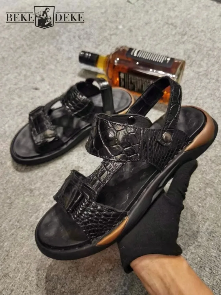 

New Sandals Summer Footwear Men Crocodile Skin Genuine Leather Shoes Light Breathable Open Toe Outside Casual Mens Beach Sandal