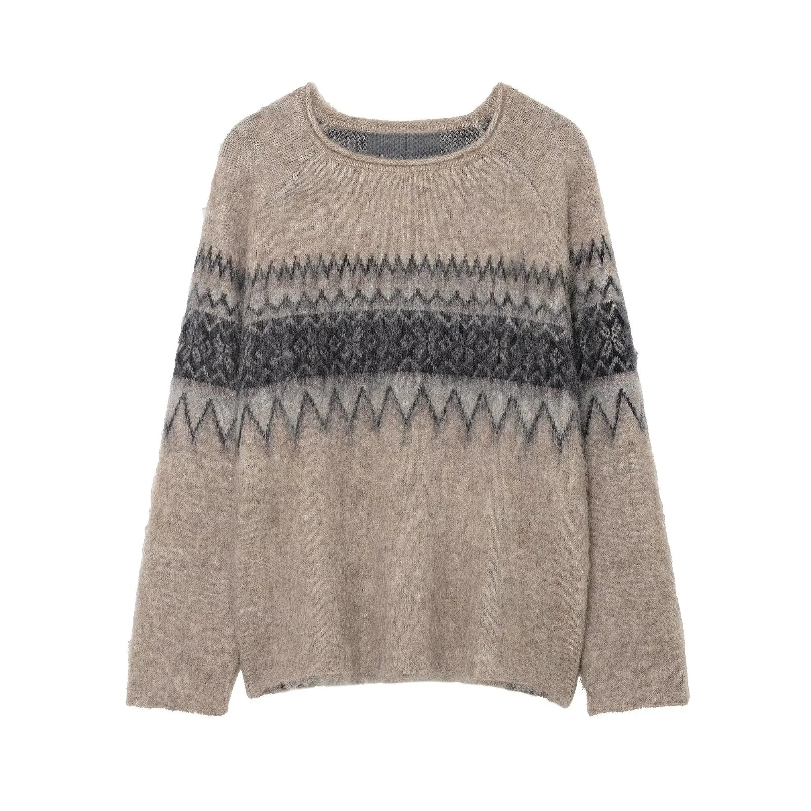 

2025 Winter New Women's Casual Fashion Simple Lazy Style Round Neck Long Sleeve Distressed Jacquard Knit Sweater