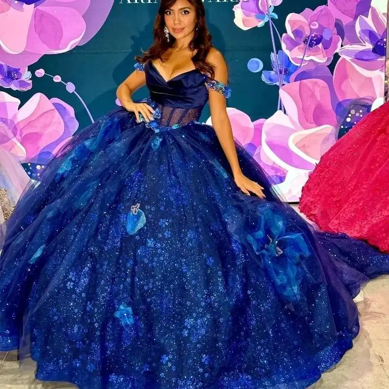 

Customized Special Navy Blue V-Neck Quinceanera Dress Sequin Off The Shoulder Sweep Flower Train Ball Gown Tulle Princess Prom