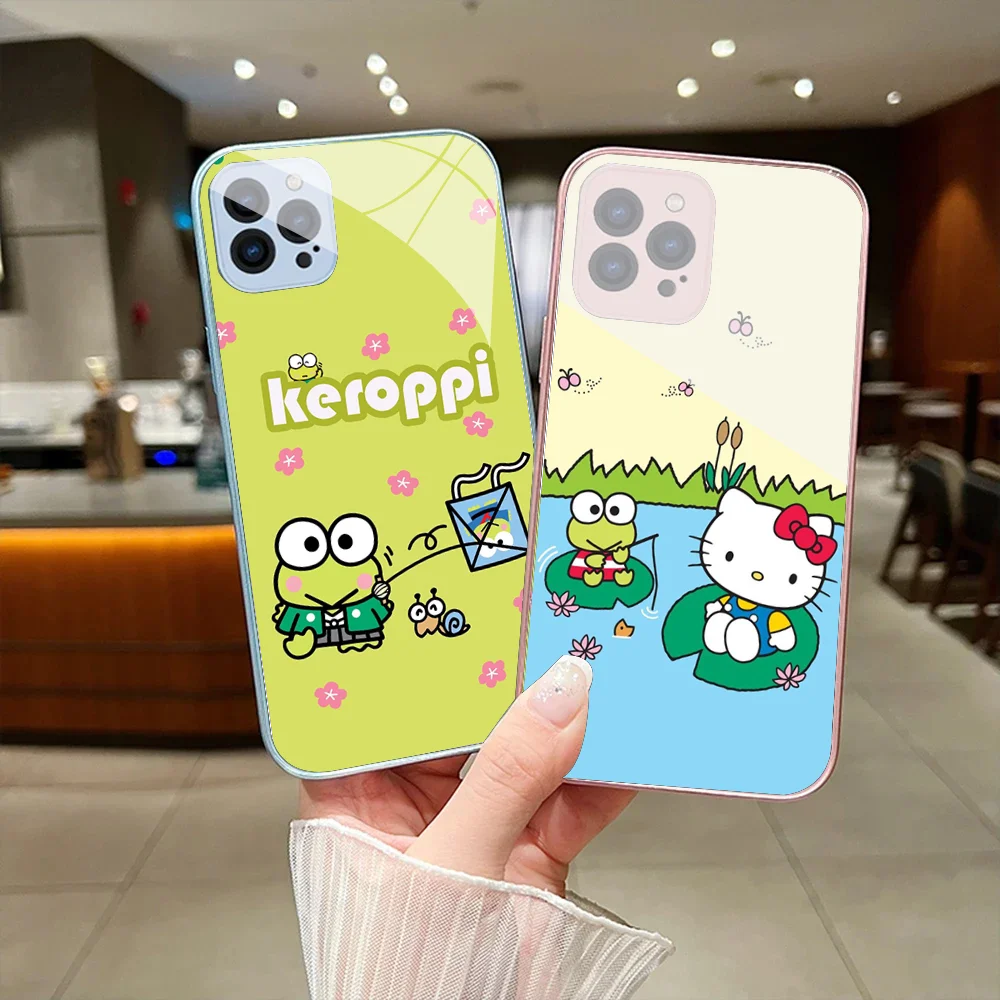 Sario K-Keroppi Phone Case For IPhone 15 14 13 12 Mini 11 Pro Max X XS XR 6 7 8 SE Plus Glass Hard Cover