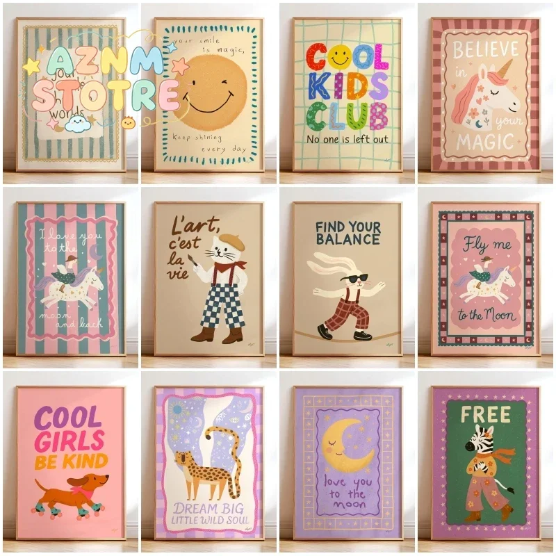 Boho Nursery Motivational Kids Decor Poster Print Canvas Painting Cute Animal Illustration Wall Art Picture for Home Decorati
