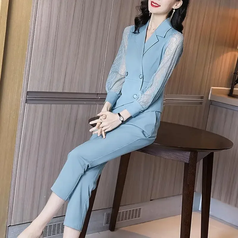 Splicing Wear To Work Shirt Trousers Woman Office Blouse and Pant Sets for Women 2 Pieces Professional Top Bottom Korea Stylish