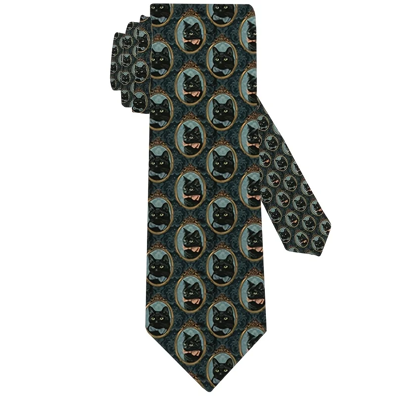 1pc, Vintage Kitten Stamp Pattern Printed Tie a Soft and Fashionable Accessory for Weddings, Dates Parties, and Casual Wear