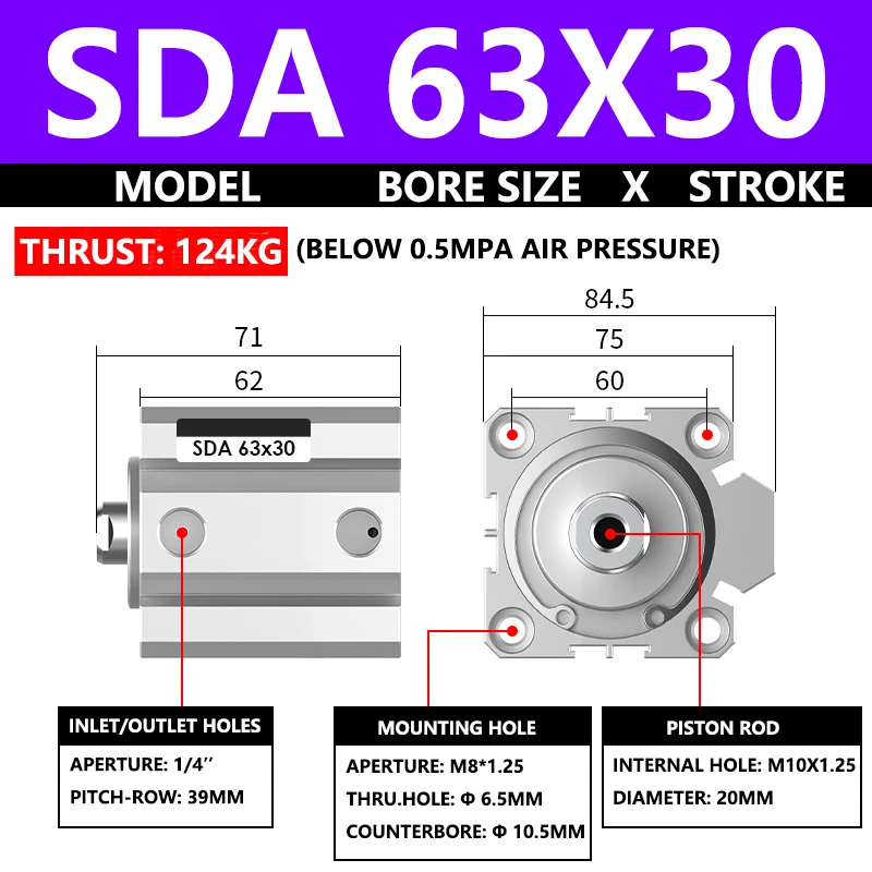 ABILKEEN SDA63X30 SDA Series Thin Air Cylinder 63MM Female Thread Bore X 30MM Stroke Double Acting Pneumatic Compact Cylinder
