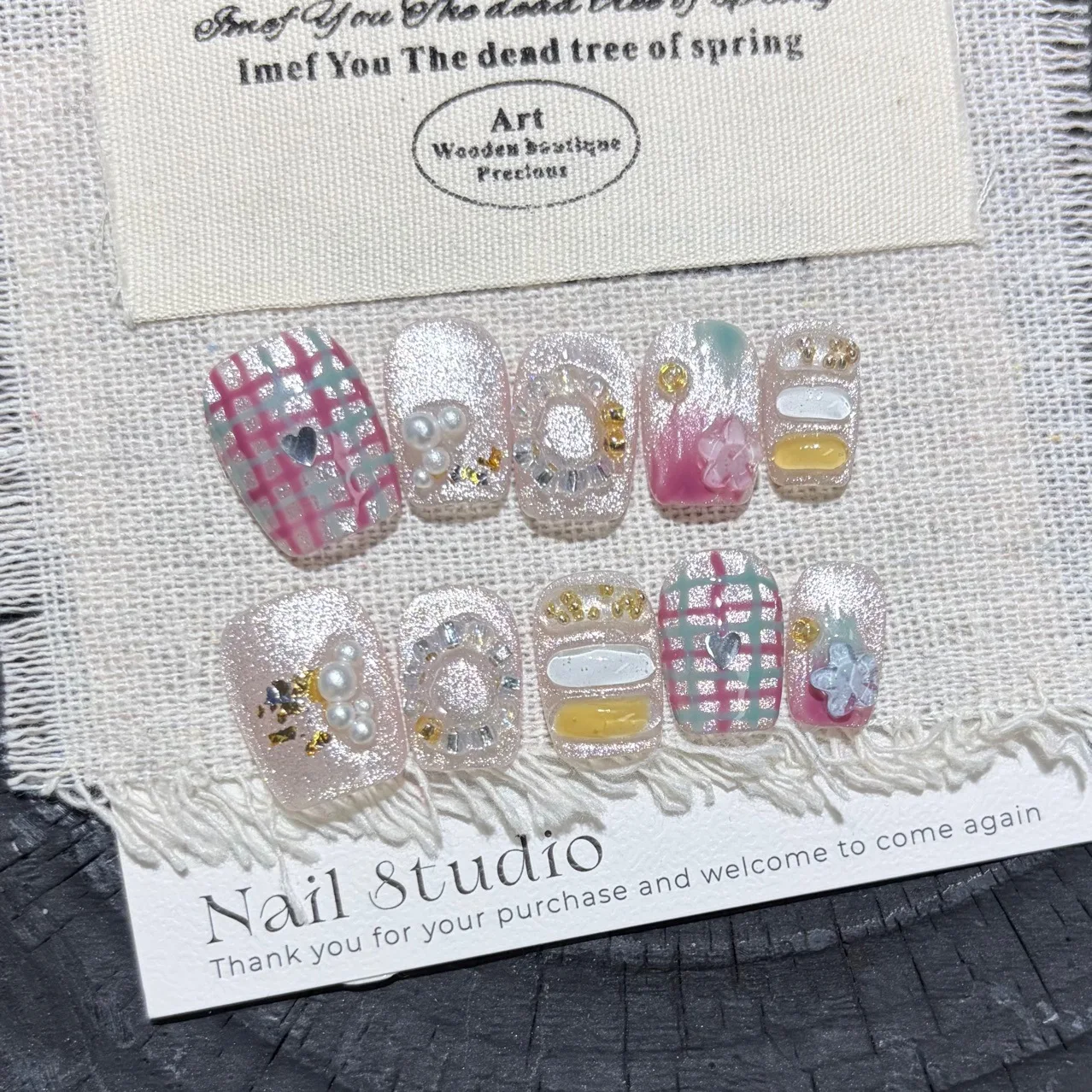 

10pcs Colorful Cat's Eye Handmade Nails Pearl Flower Floral Pattern Press on Nail Short Square Full Coverage Nail Tips for Women