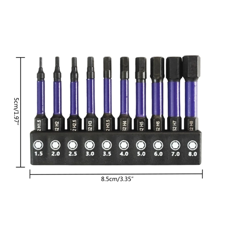 10Pcs Shank Screwdriver Bit Set Hexagon Head 1/4” Shank Wrench Drill Bit Key Allen Screwdriver Bit Set