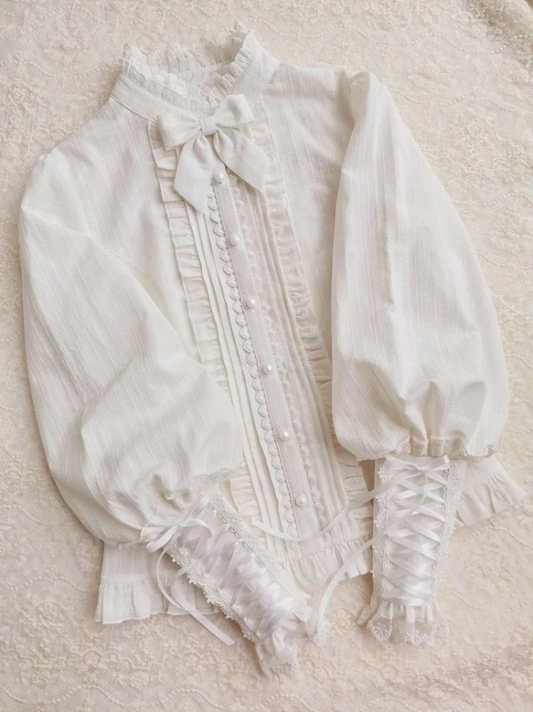 Lolita Sweet Blouses Women Solid Color Bow Bandage Ruffles Stand Neck Lantern Sleeve Shirts Spring Autumn Preppy Style Clothing