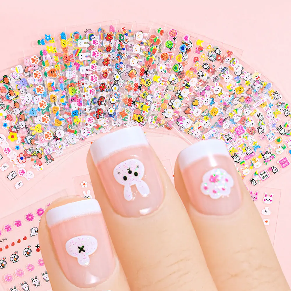 

30pcs 3D Cartoon Bunny Nail Stickers Set for Kids Cute Rabbit Nail Decals with Glitter Sequins Adhesive Kawaii Bunnies Stickers