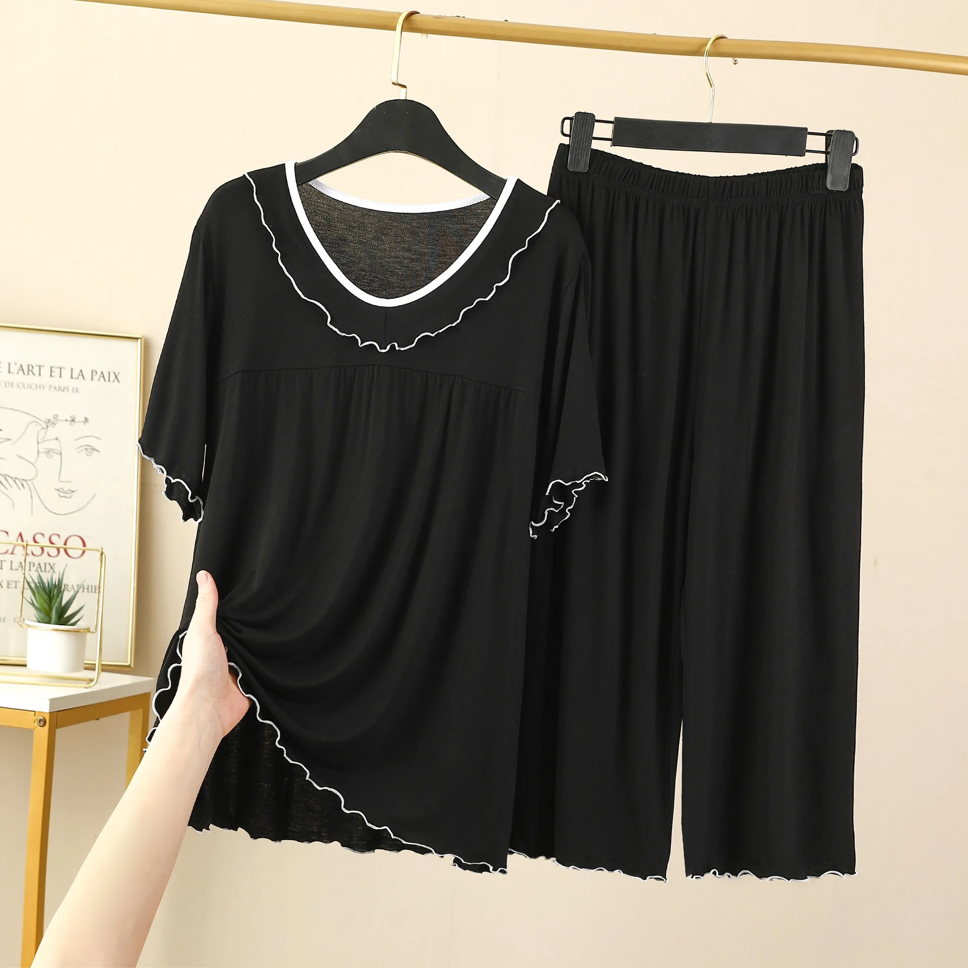 Women\'s Pajamas Set New V Neck Short Sleeve Capri Pants Suit Modal Casual Sleep Wear Home Clothing Night Pijamas Sets Female