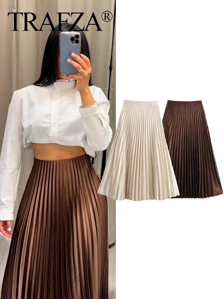 

TRAFZA Women's Summer New Fashion Solid High Street Side Zipper Mid-Slouch A-Line Skirt Female Elegant Fold Midi 2-Color Skirts