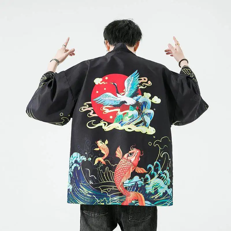 Men Traditional Japanese Haori Robe Ukiyo-e Wave Crane Pattern Kimono Shirts Asian National Costume Martial Arts Tai Chi Clothes