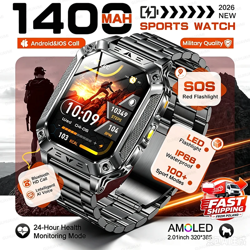 2026 NOVITÀ Orologio Smart Militare Aggiornato con Batteria da 1400mAh, Impermeabile IP68 per Esterni, SOS, Torcia LED Rossa e Bianca, Oltre 100 Sport, Chiamate HD, Schermo da 2,01 Pollici