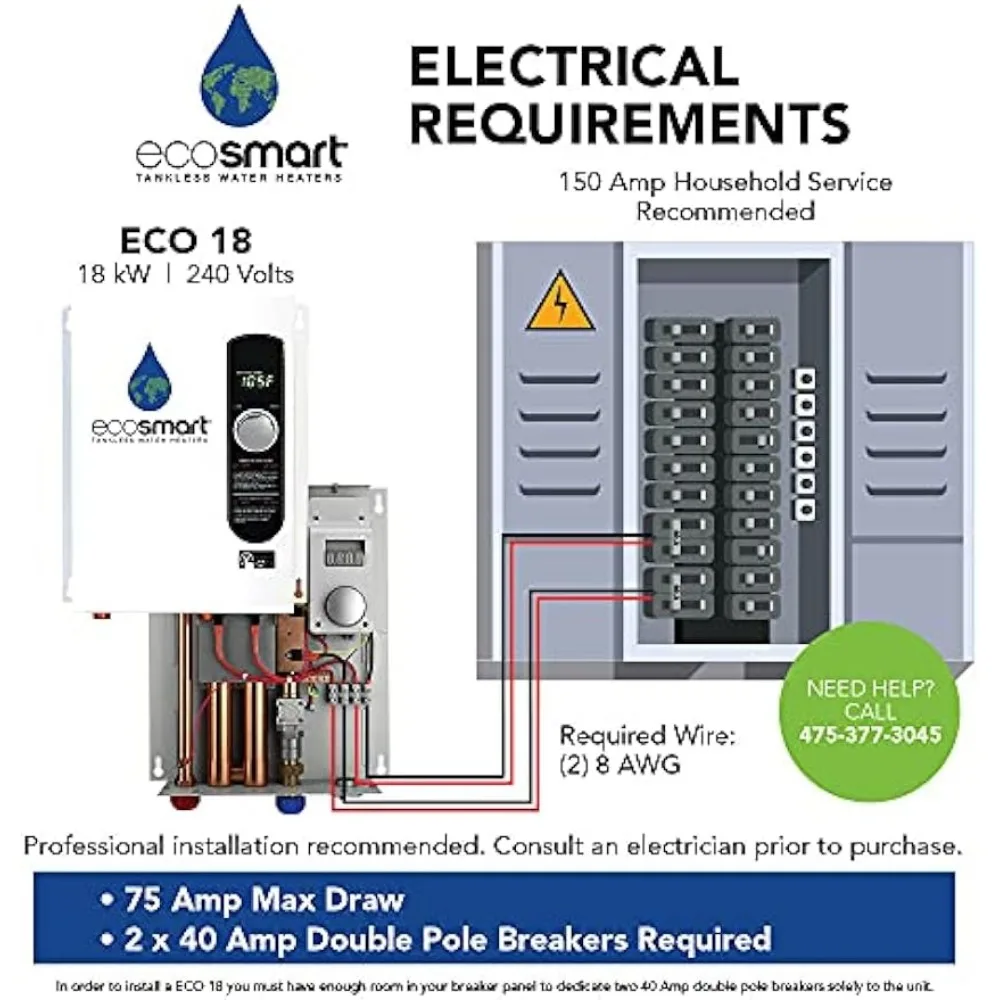 EcoSmart Eco เครื่องทำน้ำอุ่นไร้ถังไฟฟ้า18กิโลวัตต์ที่240โวลต์พร้อมเทคโนโลยีการปรับแต่งด้วยการจดสิทธิบัตร17x14x3.5