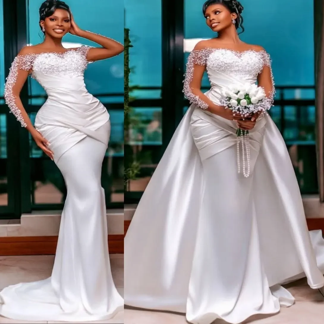 Customized Sheer Neck Sparkly Beads Sequins Wedding Dress Vestido De Noiva  Long Sleeves  Bridal Gowns with Removable Skirt