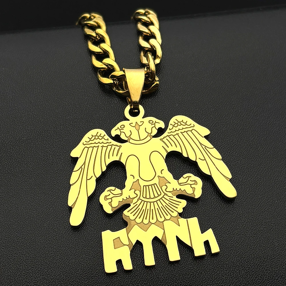 Albania Armenian Double-headed Eagle АУМ Symbol Pendant Necklace for Women Men Gold Color Stainless Steel Occultism Jewelry