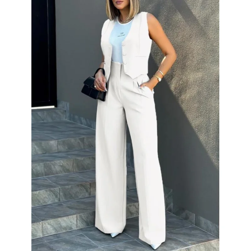 2024Europe and America Cross Border Foreign Trade New Fashion Suit Vest Jacket Wide Leg Pants Casual Suit