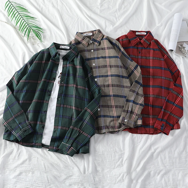 Camisa a Cuadros de Manga Larga Unisex, Combinación para Parejas, Rojo, Verde, Gris, Estilo Coreano Informal y Fresco, Chaque...