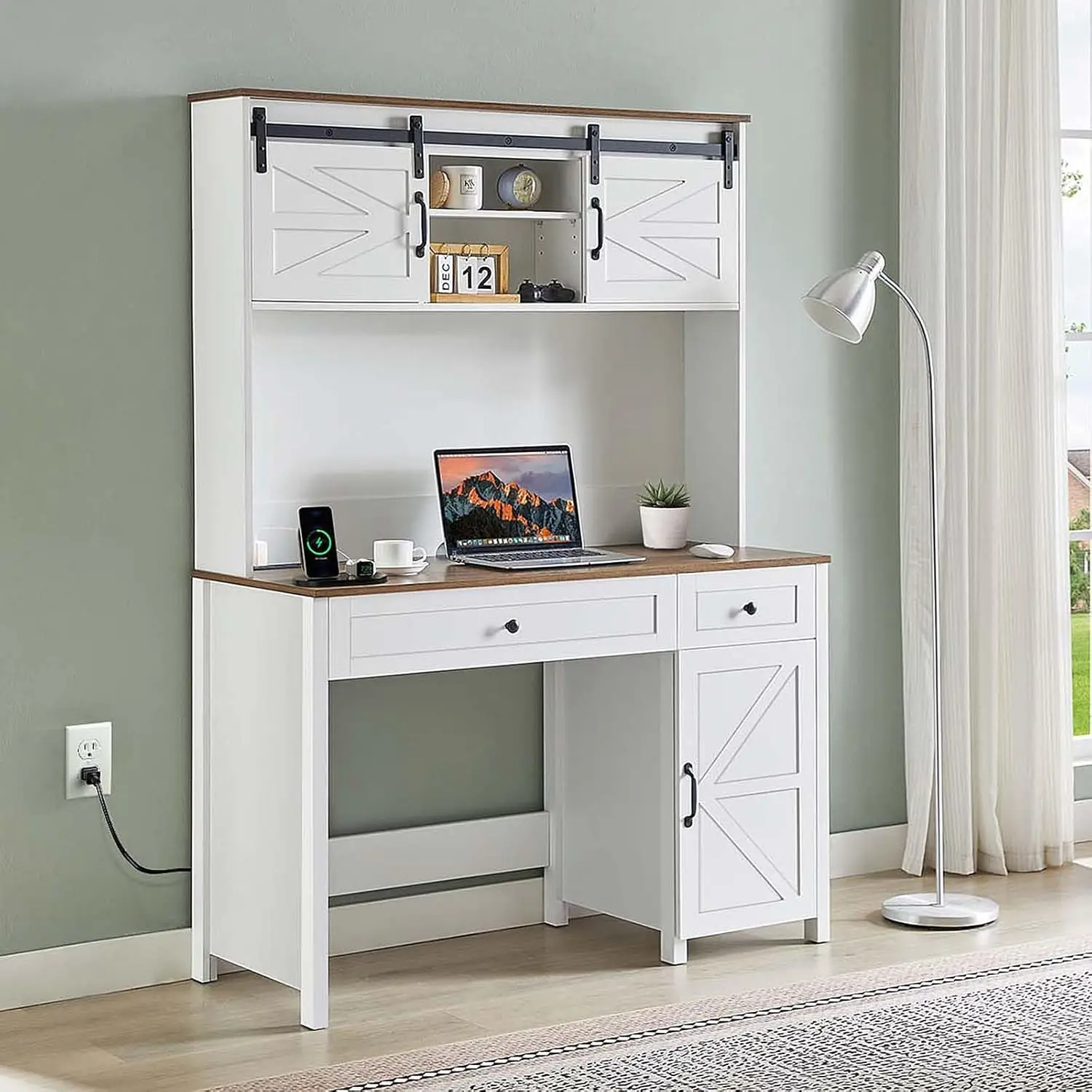 

Tatub 47"" Farmhouse Desk With Drawers & Power Outlet, White Executive Desk With Storage & Sliding Door Lockers, Computer Desk