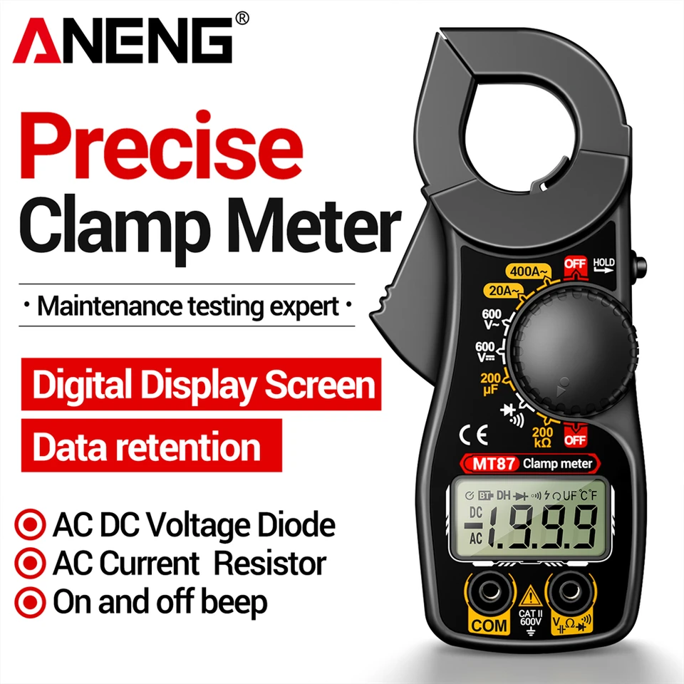 Pinza amperimétrica ANENG MT87 de 1999 cuentas, voltaje AC/DC 600V, corriente 400A, probador de resistencia con retención de datos