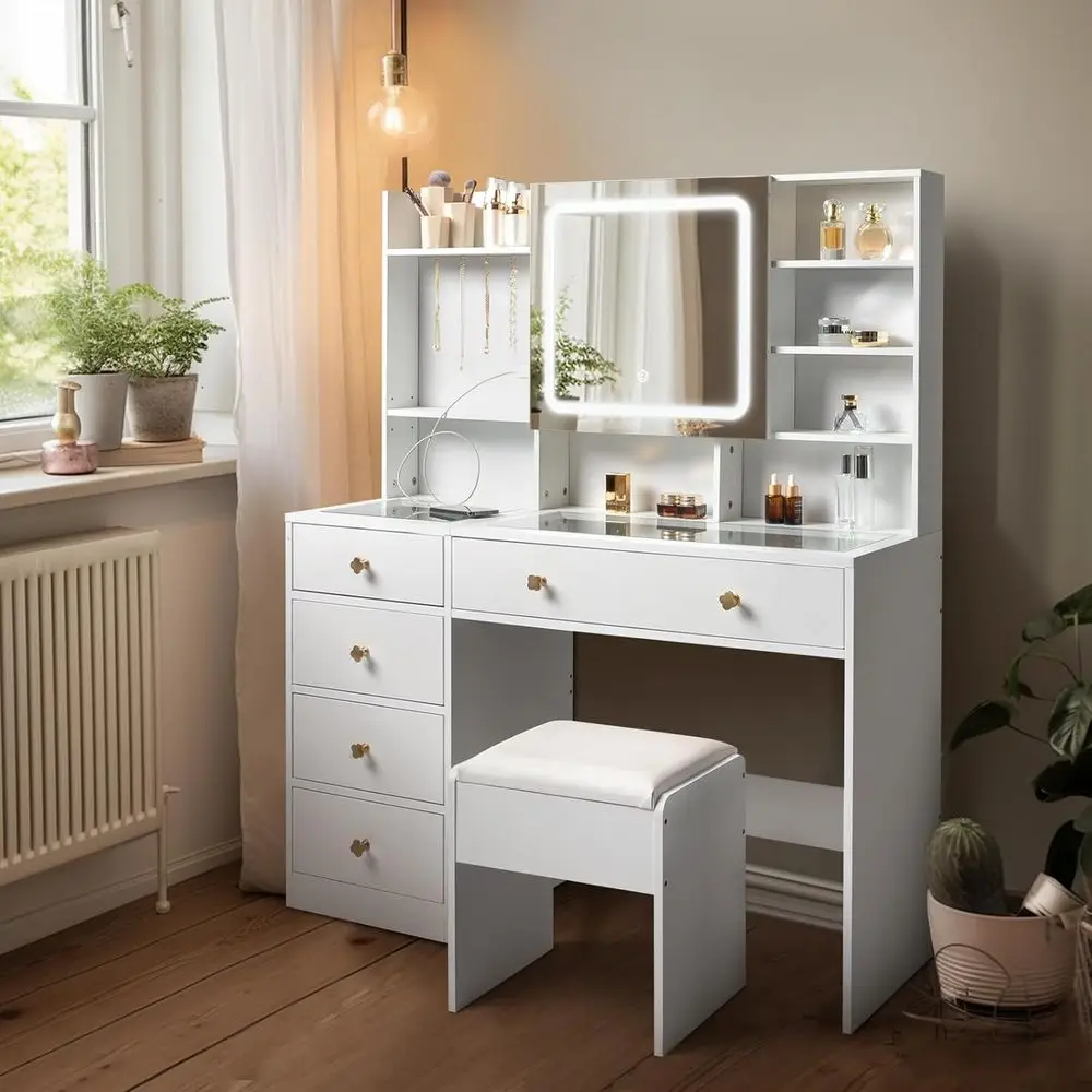 

Lighted Mirror Vanity Desk with Charging Station, Large Bedroom Vanity Set, Transparent Desk, Drawers, Cabinets, Shelves, Storag