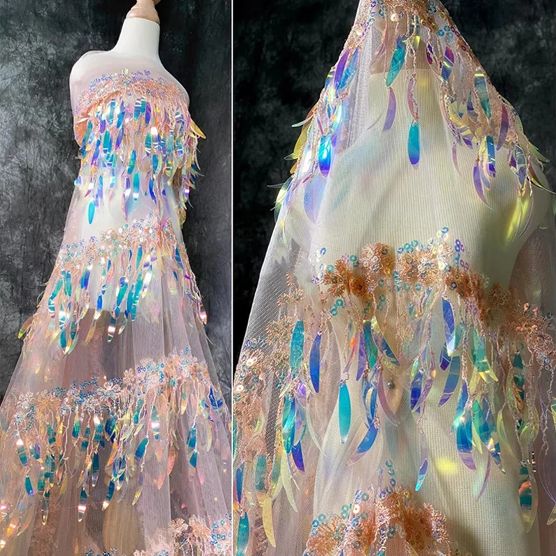 50*130cm Gradient Color Illusion Sequin Tassels Fabric For Wedding Dress Fashion Designer Cloth For Diy Sewing Material
