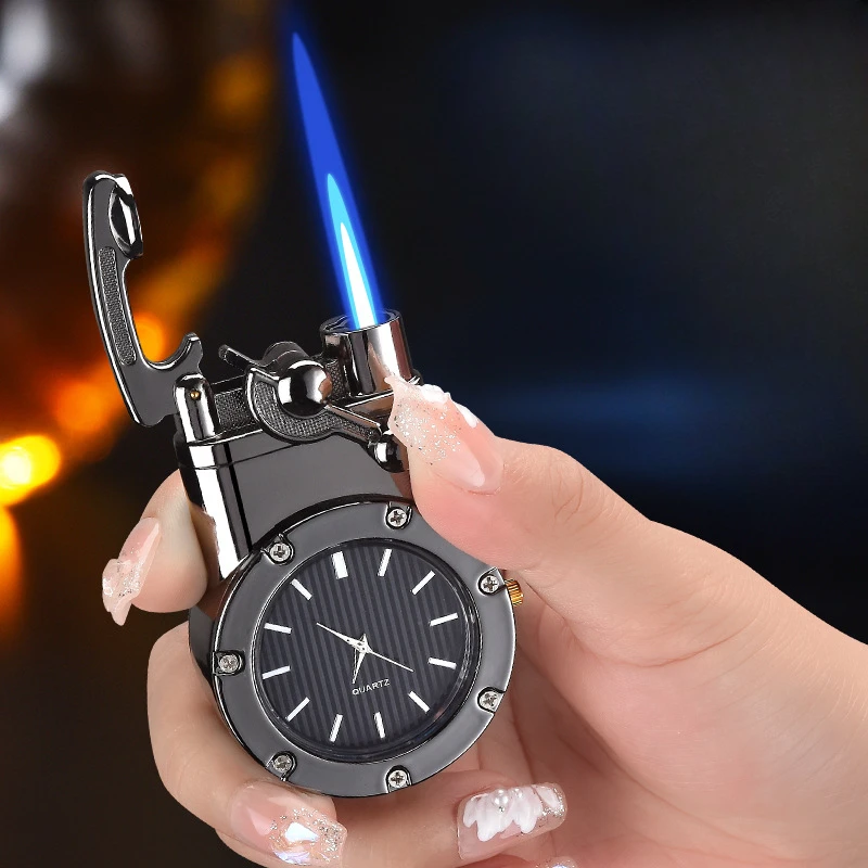 Metal Arm Quartz Watch Inflatable Lighter Windproof Jet Flame Visible Window Cigar Outdoor Portable Lighter Men's Gift