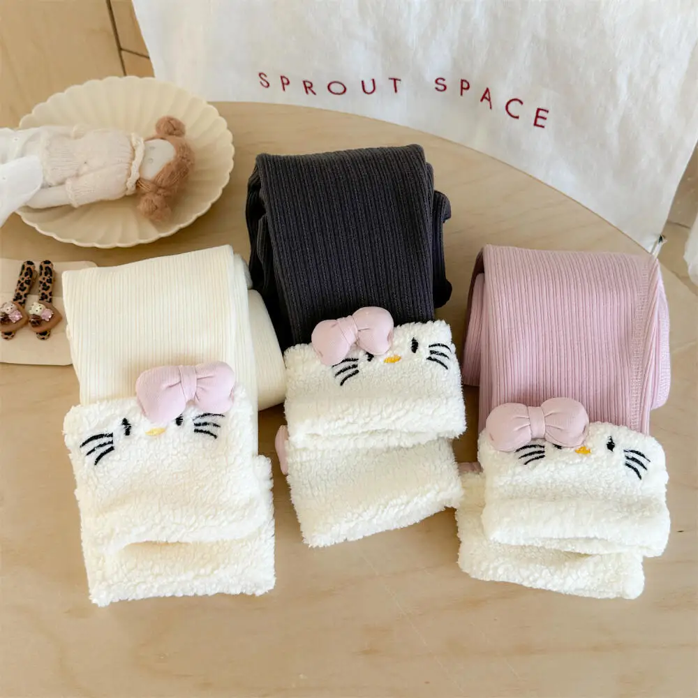 

Sanrio Hello Kitty Girls' Fleece Leggings New Autumn and Winter Children's Cartoon Kt Cat Warm Pants Baby Kawaii Outer Trousers