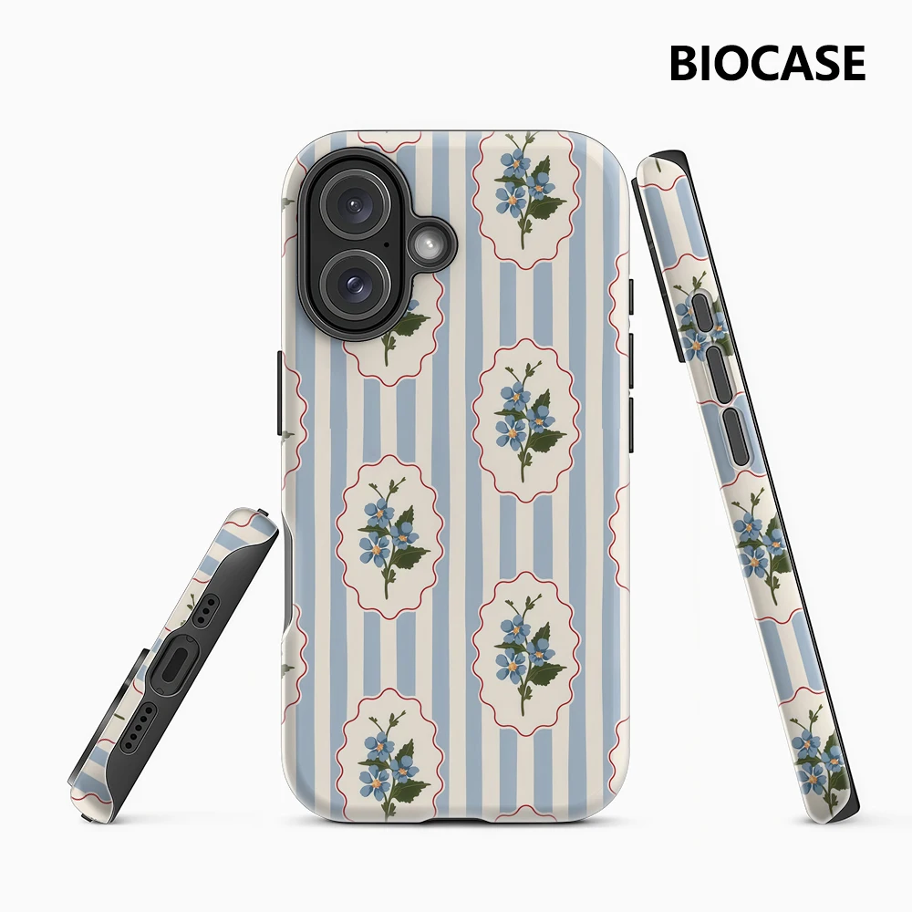 Blaue Blume, blaue weiße Streifen, iPhone 17 Must-Haves-Handyhülle für iPhone 17 16 15 14 13 12 Pro Max Plus, doppellagige Rückseite