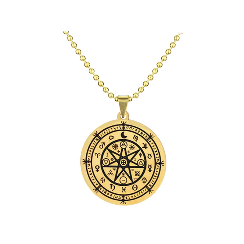 Septagram Alchemy Amulet Pendant Necklace for Men Women Stainless Steel Witchcraft Talisman Charms Long Chain Jewerly Wholesale