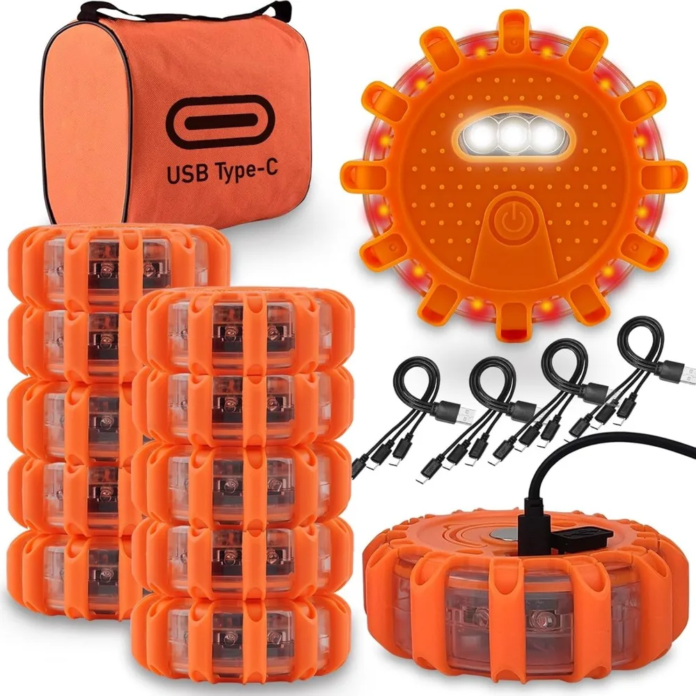 

USB-C Rechargeable LED Road Flares with Emergency Lights and 3-in-1 Cable for Enhanced Roadside Safety