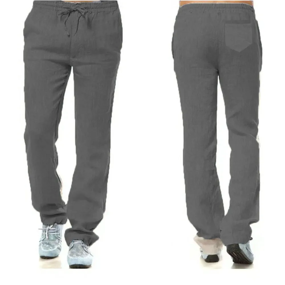 Heren katoenen linnen broek mannelijke herfst nieuwe ademende effen kleur linnen broek fitness streetwear achterkant met zak