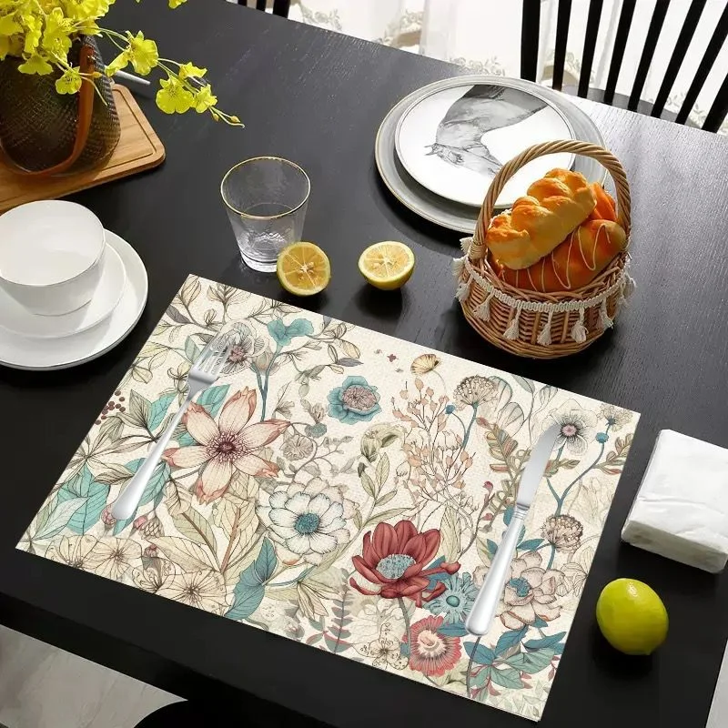 VIKAMA Placemat Cream Black Floral Branches, Waterproof Oil-Proof Heat-Resistant Woven Dining Table Mat for Home