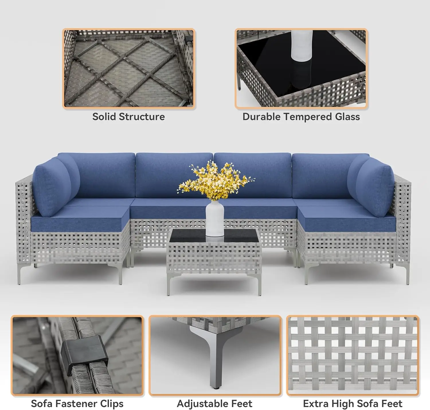 7 Pieces Patio Furniture Set Wicker Outdoor Sectional Sofa,All Weather Grey PE Rattan Outdoor Conversation Set ,NavyBlue