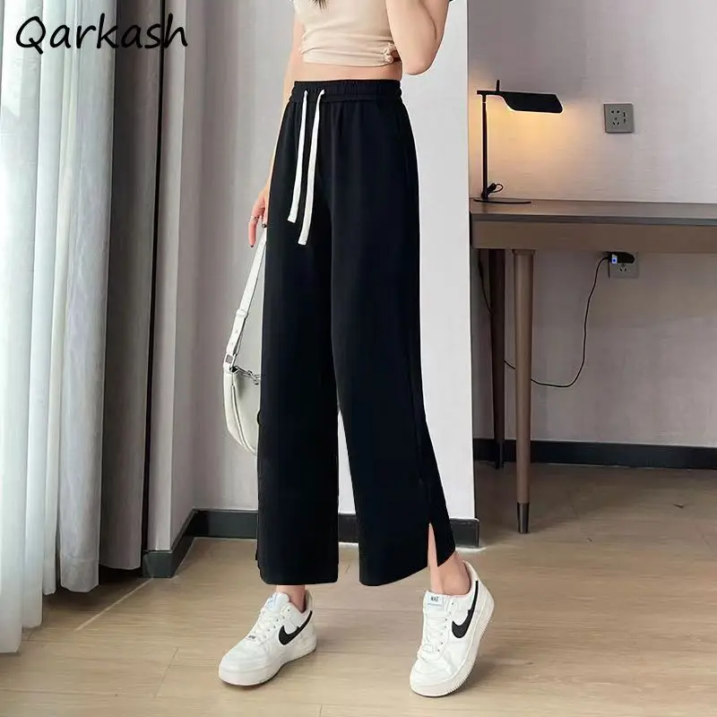 

Wide Leg Pants Women Summer Casual Side-slit All-match Baggy Ulzzang Fashion Drawstring Temper Streetwear Mujer Basic Trousers