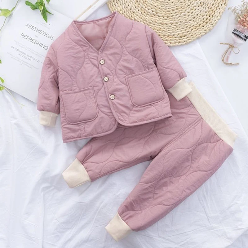 Autumn Winter Baby Kids Jackets+Pants Sets Thicken Boys Girls Coat Trousers Warm Windproof Clothes Suit For Children Home Wear