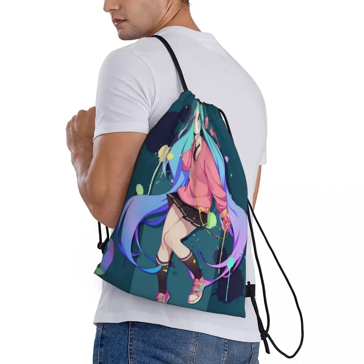 Miku Portable Sports Bag Thicken Drawstring Belt Riding Backpack Gym Drawstring Shoes Bag Clothes Backpacks