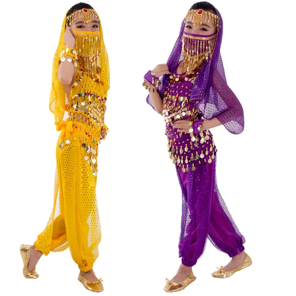 Bambini Bollywood Vestito Ragazze Costume di danza del ventre Set 2-8 Pezzi Danzatrice del ventre Cintura Pantaloni Velo Accessori per Ali Maschera per bambini