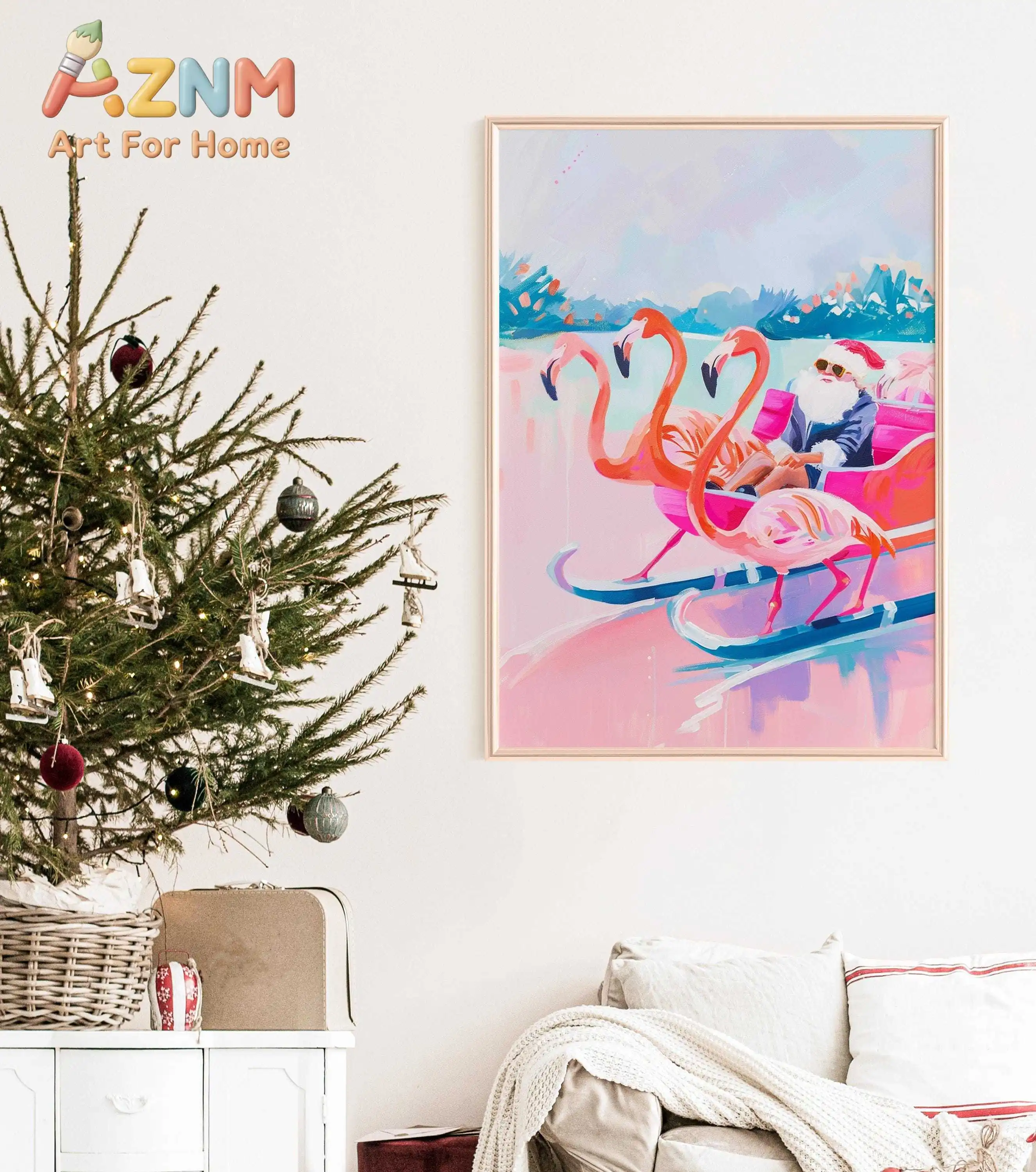 Abstract Christmas Santa Pink Flamingo Canvas Wall Art - Winter Holiday Painting Festive Christmas Poster for Living Room Decor