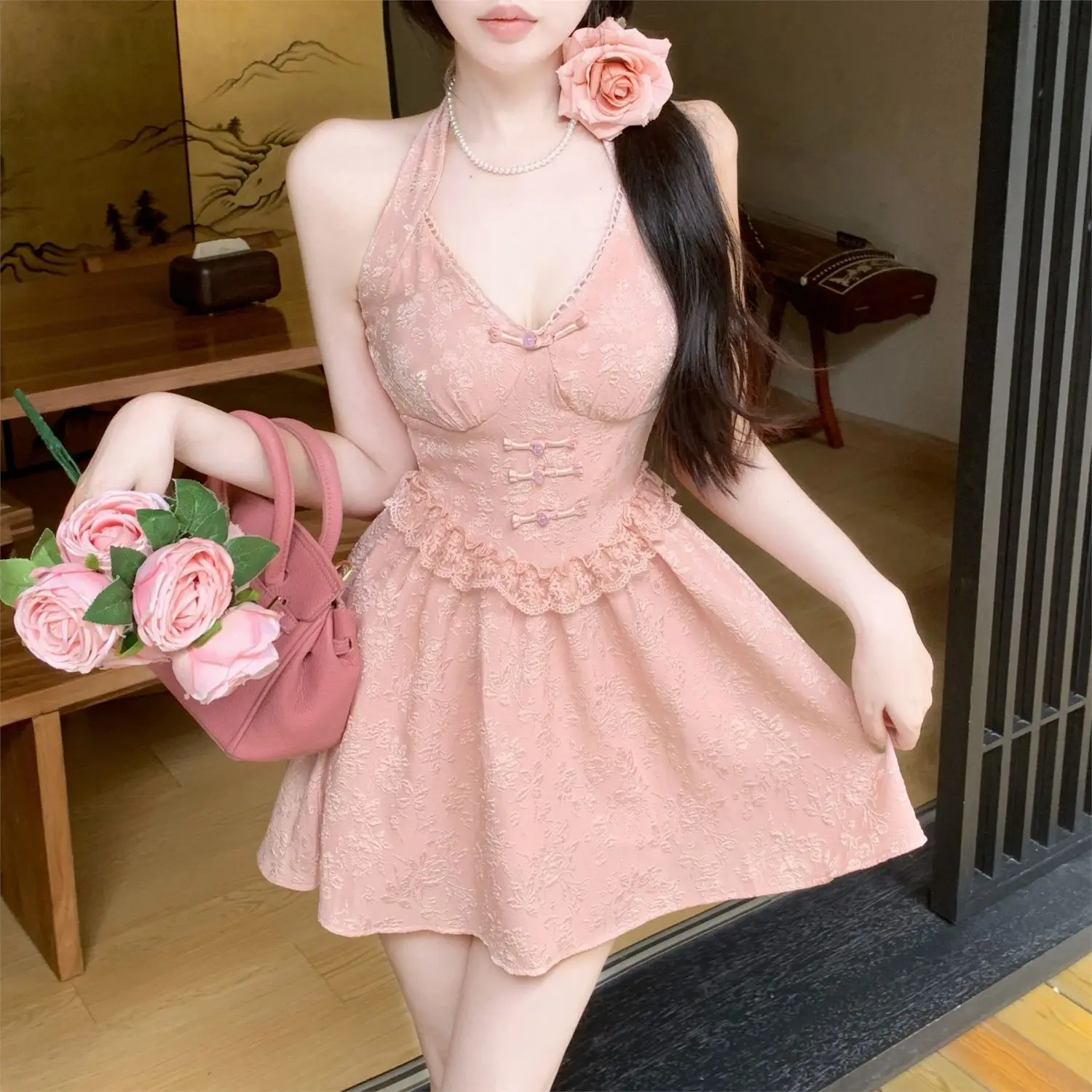 

Korea dress Women Hanging Neck Sweet Cute Sexy One-piec Wear Suit Beach Dress High Waist 2024 New