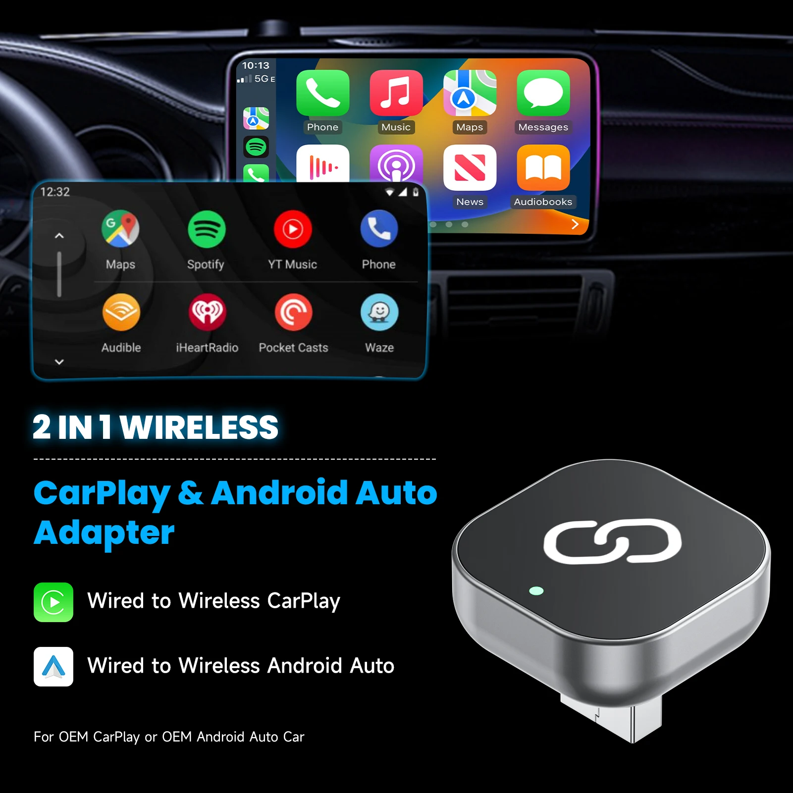 2 in 1 Wireless CarPlay Adapter Plug & Plug Auto Connect No Delay Converts Wired to Wireless Compatible for iPhone & Android