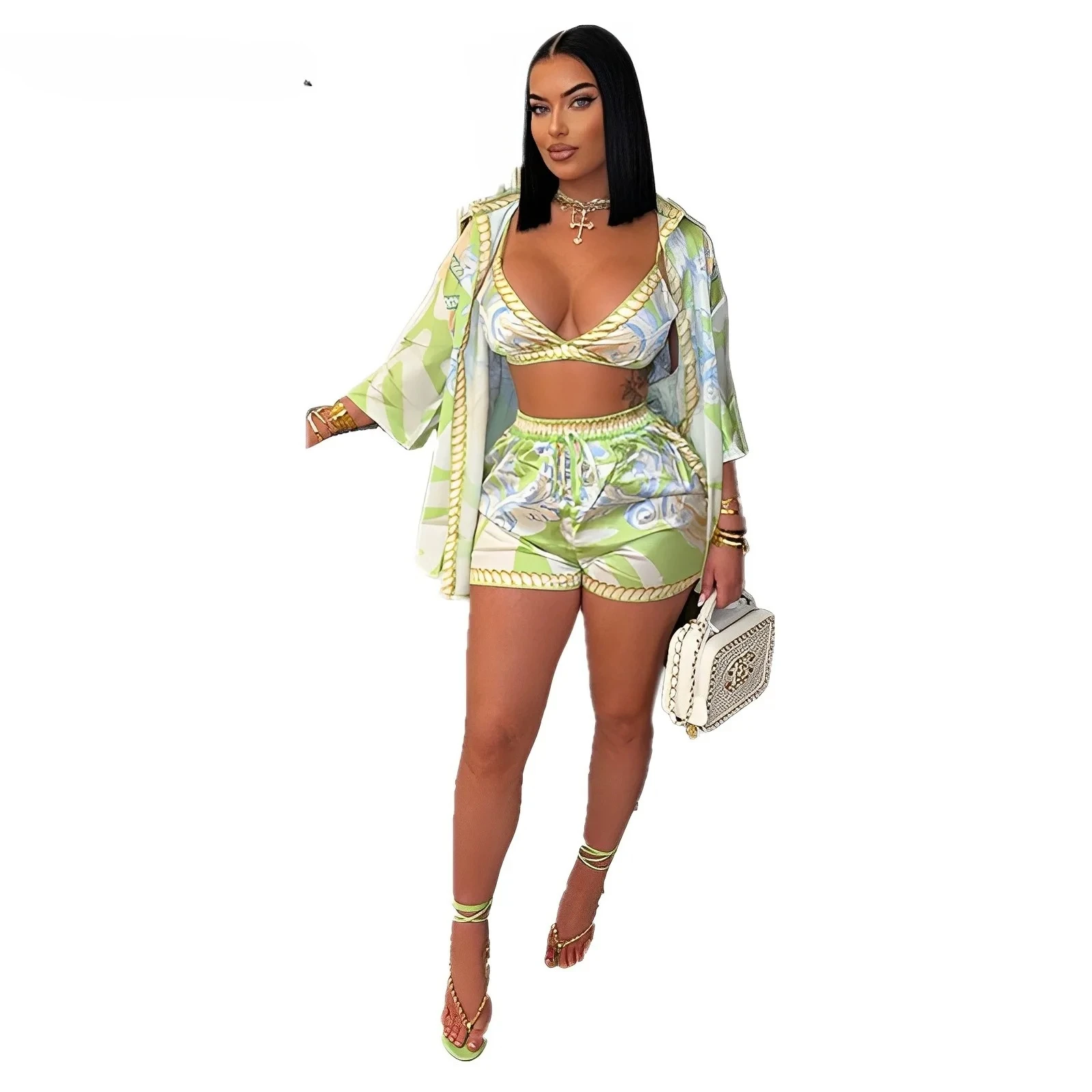 

Paisley Printed Women's Set Three Quarter Sleeve Blouse + Bra Top and Shorts 2025 Beach 3- Piece Sets Outfit Tracksuits 2025
