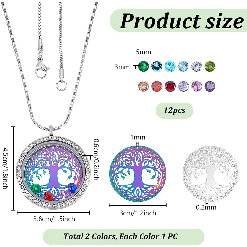 Family Tree of Life Floating Locket Memory Locket Charm with Stainless Steel Snake Chain Necklace 12 Birthstones Dangle Charms