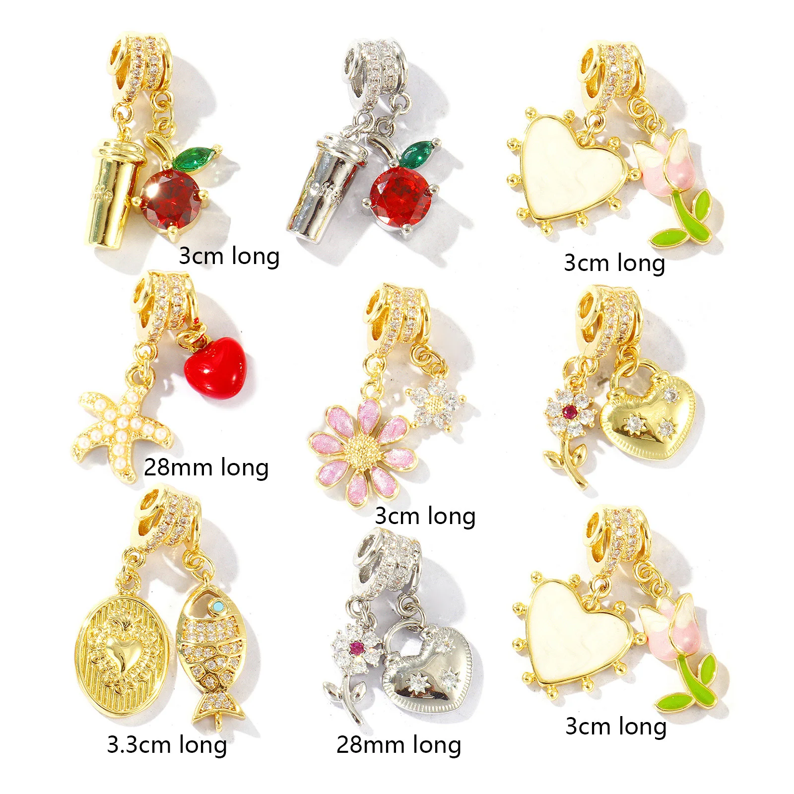 1 Piece Brass Cubic Zirconia Charms Coffee Cup Tulip Daisy Starfish Heart Fish Cherry Pendant For DIY Necklace Keychains Making