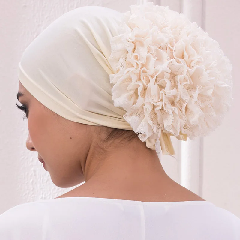 Pod hidżabem czapki duży kwiat objętość Scrunchie muzułmański wewnętrzny hidżab turbany islamskie nakrycia głowy akcesoria kobiece okłady na głowę Bonnet