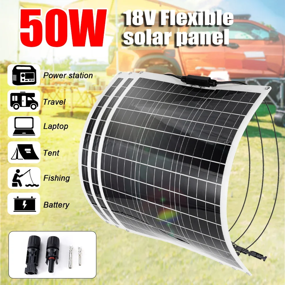 

50W Flexible Solar Panel High Efficiency Monocrystalline Solar Cell for Home Outdoor RV/Boat/Car Battery Charger Power Storage